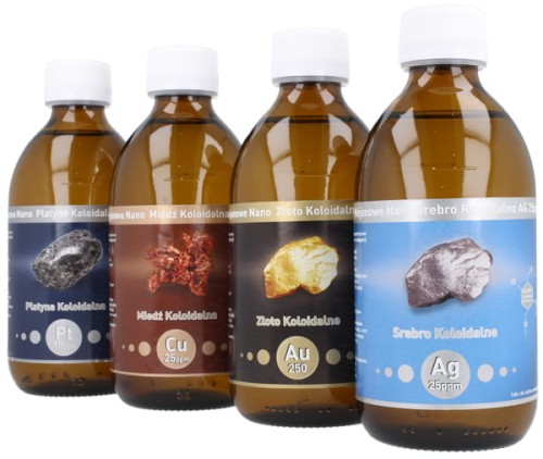 Niejonowe Nano srebro, złoto, miedź, platyna koloidalna, zestaw 4 butelek po 300 ml