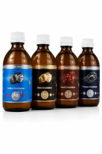 Niejonowe Nano srebro, złoto, miedź, platyna koloidalna, zestaw 4 butelek po 300 ml