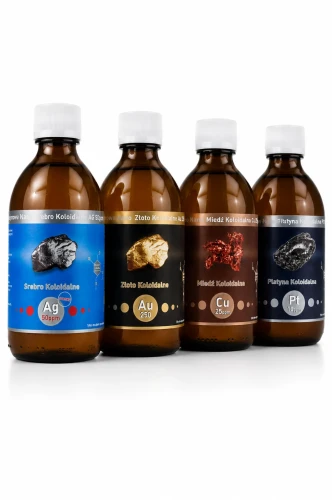 Niejonowe Nano srebro 50ppm, złoto, miedź, platyna koloidalna, zestaw 4 butelek po 300 ml