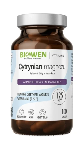 Biowen Cytrynian magnezu z witaminą B6, 100 kapsułek — opakowanie