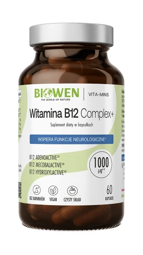 Biowen Witamina B12 Complex+, 60 kapsułek – opakowanie, szklany słoik