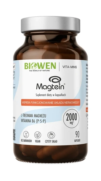 Biowen Treonian magnezu Magtein® z witaminą B6, 90 kapsułek – opakowanie, szklany słoik