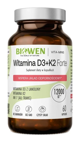 Biowen Witamina D3+K2 Forte 12000 IU, 60 kapsułek – opakowanie, szklany słoik