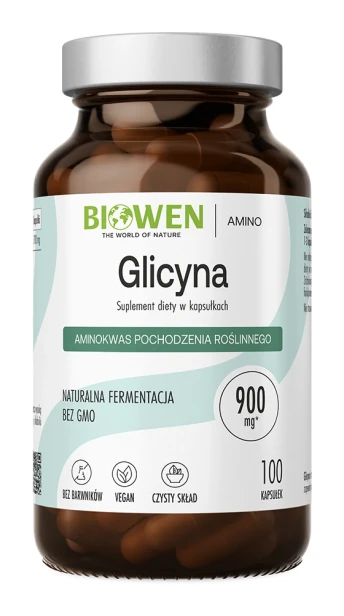 Biowen Glicyna 900 mg, 100 kapsułek – opakowanie, szklany słoik