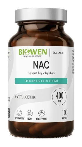 Biowen NAC 400 mg, 100 kapsułek – opakowanie, ciemny szklany słoik