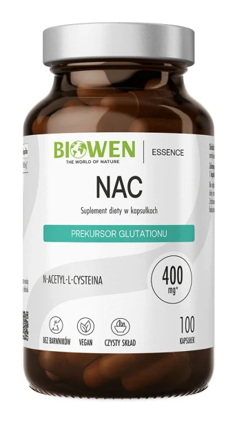 Biowen NAC 400 mg, 100 kapsułek – opakowanie, ciemny szklany słoik