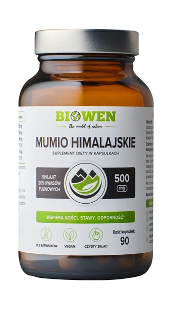 Biowen Mumio Himalajskie Shilajit 500 mg, 90 kapsułek – opakowanie, szklany słoik