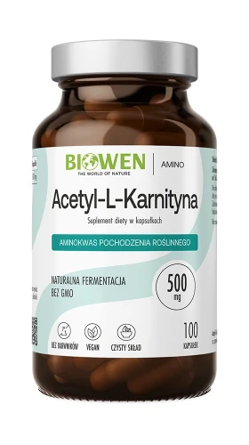 Biowen Acetyl-L-karnityna 500 mg, 100 kapsułek – opakowanie, szklany słoik