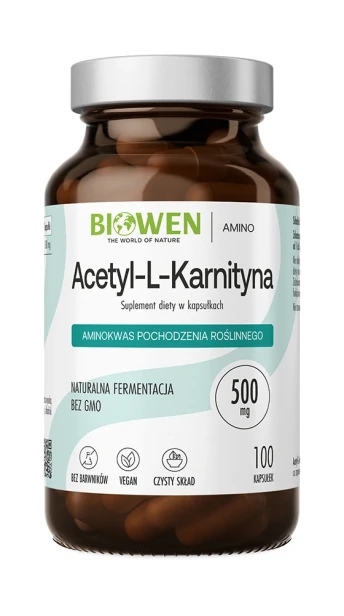 Biowen Acetyl-L-karnityna 500 mg, 100 kapsułek – opakowanie, szklany słoik