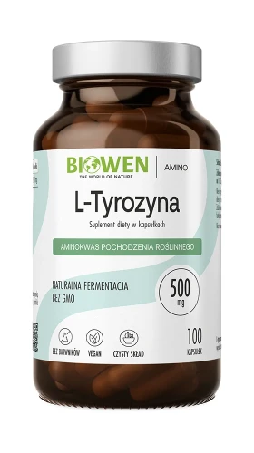 Biowen L-Tyrozyna 500 mg, 100 kapsułek – opakowanie, szklany słoik