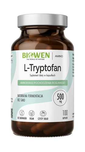 Biowen L-Tryptofan 500 mg, 100 kapsułek – opakowanie, szklany słoik