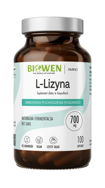 Biowen L-Lizyna 700 mg, 100 kapsułek – opakowanie, szklany słoik