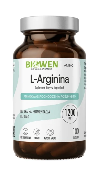 Biowen L-Arginina 1200 mg (2 kapsułki), 100 kapsułek – opakowanie, szklany słoik