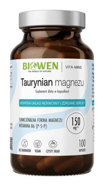 Biowen Taurynian magnezu z witaminą B6 (P-5-P), 100 kapsułek – opakowanie, szklany słoik