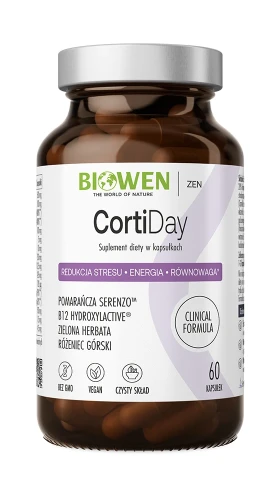 Biowen CortiDay, 60 kapsułek – opakowanie, ciemny szklany słoik