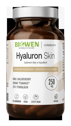 Biowen Hyaluron Skin 250 mg, 60 kapsułek – opakowanie, ciemny szklany słoik