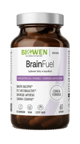 Biowen BrainFuel, 60 kapsułek – opakowanie, ciemny szklany słoik