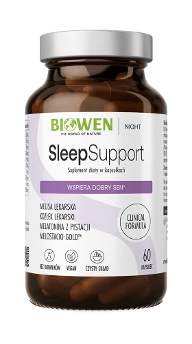 Biowen SleepSupport, 60 kapsułek – opakowanie, ciemny szklany słoik