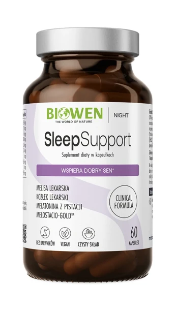 Biowen SleepSupport, 60 kapsułek – opakowanie, ciemny szklany słoik