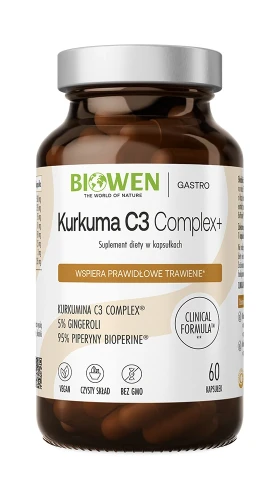 Biowen Kurkuma C3 Complex+ 500 mg, 60 kapsułek – opakowanie, szklany słoik