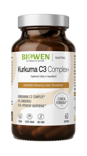 Biowen Kurkuma C3 Complex+ 500 mg, 60 kapsułek – opakowanie, szklany słoik