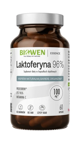 Biowen Laktoferyna 96% 100 mg, 60 kapsułek – opakowanie, szklany słoik