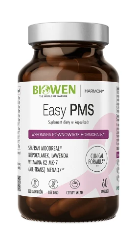 Biowen Easy PMS, 60 kapsułek – opakowanie, szklany słoik z etykietą Harmony