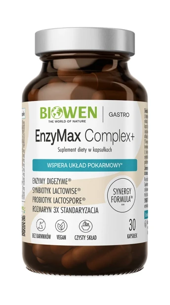 Biowen EnzyMax Complex+ 30 kapsułek – opakowanie, szklany słoik