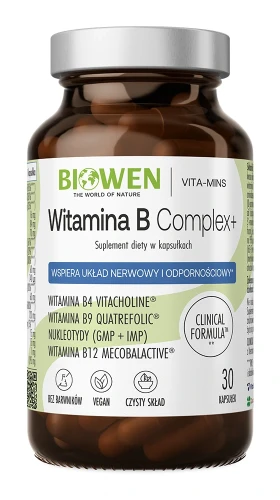 Biowen Witamina B Complex+, 30 kapsułek – opakowanie, szklany słoik