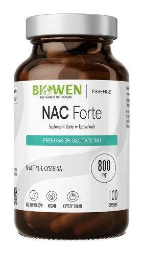 Biowen NAC Forte 800 mg, 100 kapsułek – opakowanie, ciemny szklany słoik