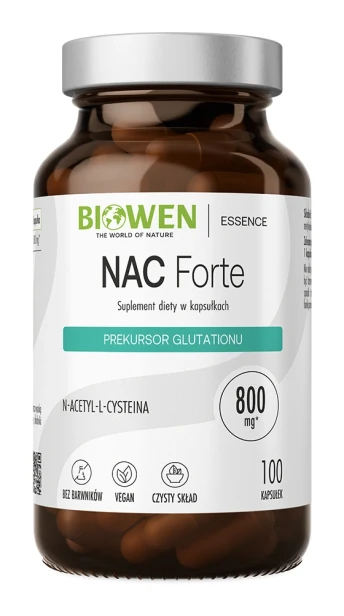 Biowen NAC Forte 800 mg, 100 kapsułek – opakowanie, ciemny szklany słoik