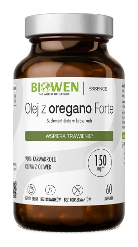 Biowen Olej z oregano Forte 150 mg, 60 kapsułek – opakowanie, szklany słoik