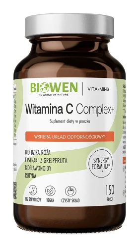 Biowen Witamina C Complex+ w proszku, 150 porcji – opakowanie, szklany słoik z miarką