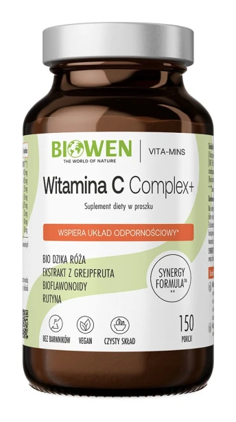 Biowen Witamina C Complex+ w proszku, 150 porcji – opakowanie, szklany słoik z miarką