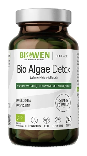 Biowen Bio Algae Detox, 240 tabletek – opakowanie, szklany słoik z chlorellą i spiruliną