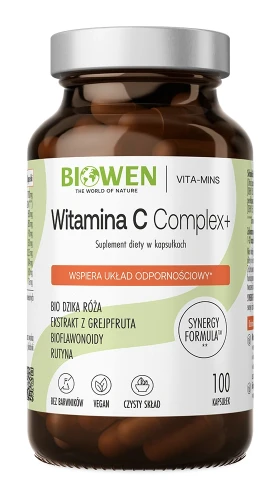 Biowen Witamina C Complex+, 100 kapsułek – opakowanie, szklany słoik