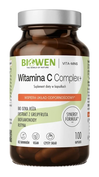 Biowen Witamina C Complex+, 100 kapsułek – opakowanie, szklany słoik