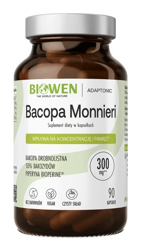 Biowen Bacopa Monnieri 300 mg, 90 kapsułek – opakowanie, ciemny szklany słoik