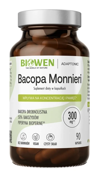 Biowen Bacopa Monnieri 300 mg, 90 kapsułek – opakowanie, ciemny szklany słoik