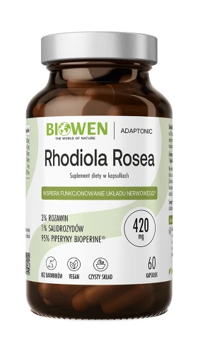 Biowen Rhodiola Rosea 420 mg, 60 kapsułek – opakowanie, ciemny szklany słoik