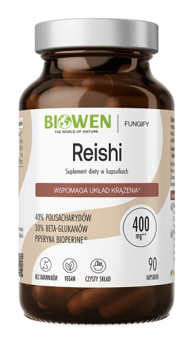 Biowen Reishi 400 mg, 90 kapsułek – opakowanie, ciemny szklany słoik