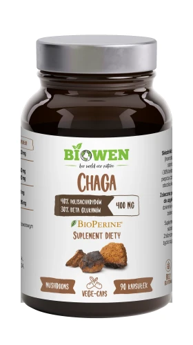 Biowen Chaga 400 mg, 90 kapsułek – opakowanie, ciemny szklany słoik