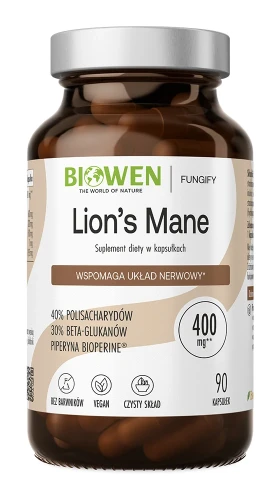 Biowen Lion's Mane 400 mg, 90 kapsułek – opakowanie, ciemny szklany słoik