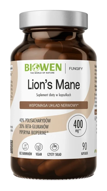 Biowen Lion's Mane 400 mg, 90 kapsułek – opakowanie, ciemny szklany słoik