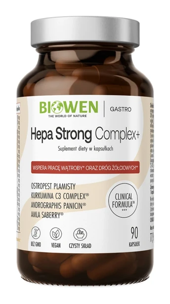 Biowen Hepa Strong Complex+ 90 kapsułek – opakowanie, szklany słoik