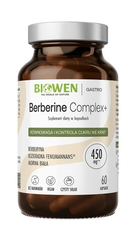 Biowen Berberine Complex+ 510 mg, 60 kapsułek – opakowanie, szklany słoik