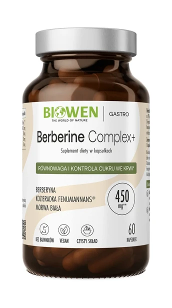 Biowen Berberine Complex+ 510 mg, 60 kapsułek – opakowanie, szklany słoik