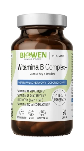 Biowen Witamina B Complex+, 90 kapsułek – opakowanie, szklany słoik