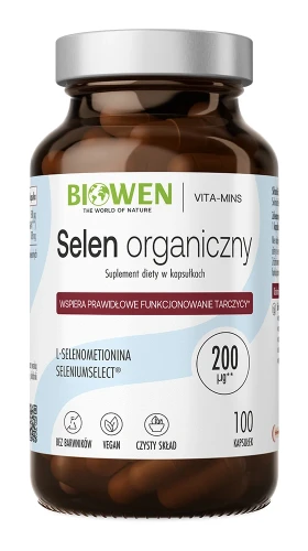 Biowen Selen organiczny (L-selenometionina) 200 µg, 100 kapsułek – opakowanie, szklany słoik