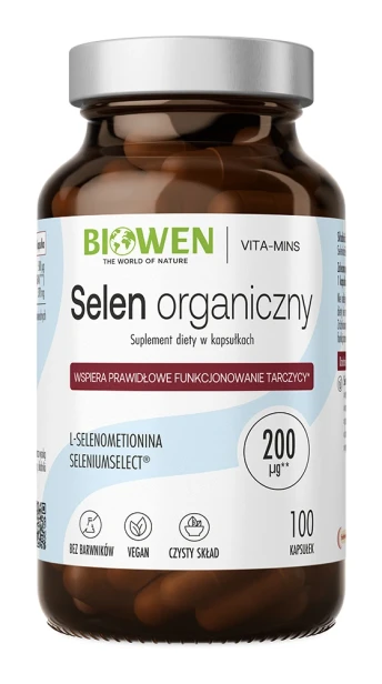 Biowen Selen organiczny (L-selenometionina) 200 µg, 100 kapsułek – opakowanie, szklany słoik